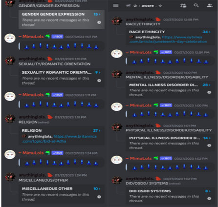 our awareness channel and some of its various categories and sections. those categories are "gender/gender expression" "sexuality/romantic orientation" "religion" "race/ethnicity" "mental illness/disorder/disability" "physical illness/disorder/disability"