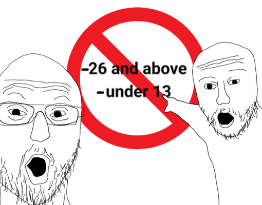 and image of two people shocked and pointing at a sign that says "-26 and above -under 13" with a line across it indicating it is not allowed